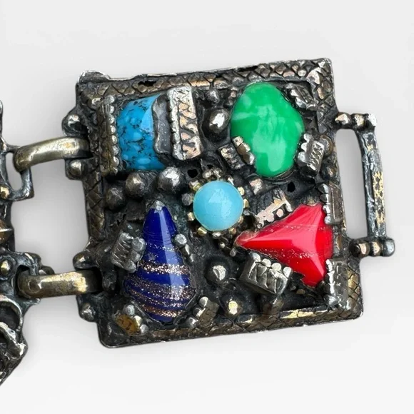 SELRO SELINI Vintage Multicolor Glass Cabochon Panel Bracelet and Earrings Set. - Picture 9 of 16